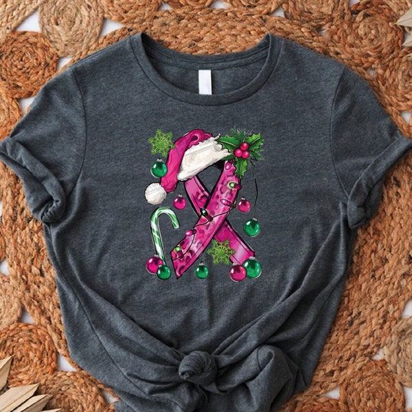 Breast Cancer Christmas Shirt, Santa Pink Ribbon Shirt, Christmas Gift For Breast Cancer Warrior, Christmas Lights Breast Cancer Shirt