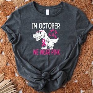 Kids Breast Cancer Awareness T-Shirt, In October We Wear Pink Dinosaur Shirt, Breast Cancer Kids Gift Shirt, Breast Cancer Support Shirt image 1