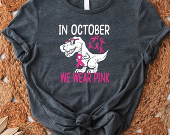 Kids Breast Cancer Awareness T-Shirt, In October We Wear Pink Dinosaur  Shirt, Breast Cancer Kids Gift Shirt, Breast Cancer Support Shirt