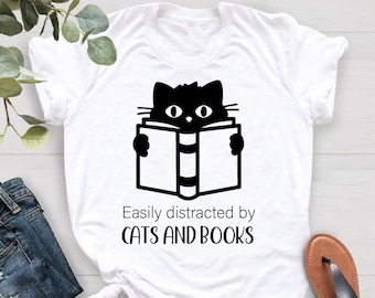 Easily Distracted By Cats And Books T-shirt, Book Lover Gift, Bookish Friend Birthday Gift, Librarian Shirt, Book Nerd Shirt, Cat Lover Tee