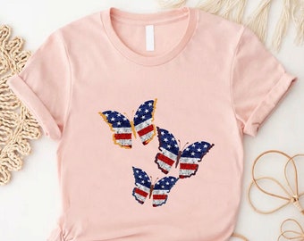 American Butterflies Shirt, Patriotic Butterflies Tee, American Flag Butterflies Freedom Shirt, Girls 4th Of July Gift, Butterfly Lover Gift