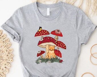 Cat And Mushroom Shirt, Nature Lover Gift, Cat Mom Shirt,Cottagecore Shirt,Gift For Vegan,Plant Lover Shirt,Cat Owner Shirt,Goblincore Shirt