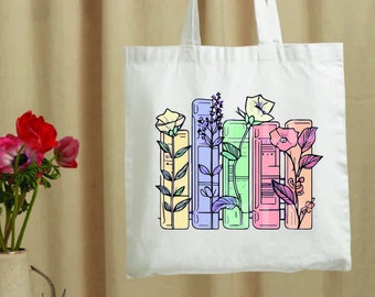 Floral Books Tote Bag, Book Lover Gift Bag, Teachers Book Bag, Reading Tote, Bookish Gift, Librarian Tote Bag,Bookworm Bag,Teachers Day Gift