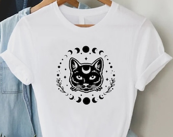 Mystical Cat Shirt, Celestial Moon Phases, Boho Illustration Tee