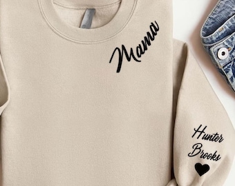 Custom Embroidered Mama Sweatshirt, Mama Embroidery With Kids Name On Sleeve,Personalized Gifts For Mom,Mama Sweatshirt With Names,Mama Gift