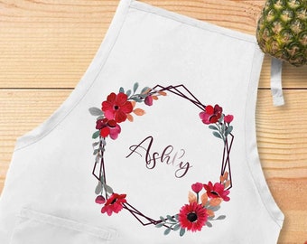 Personalized Kitchen Apron, Floral Apron With Name, Custom Cooking Apron With Pocket, Flower Design Apron For Woman, Monogram Apron Gift