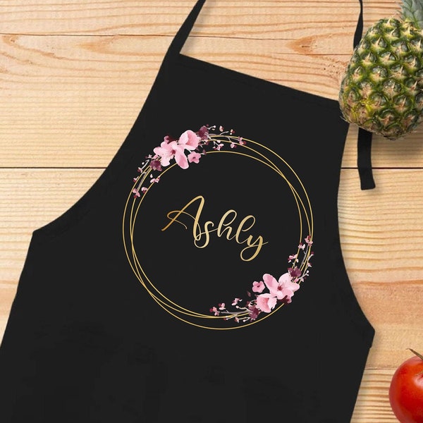 Customized Floral Apron,Personalized Apron,Cooking Birthday Gift,Custom Name Apron,Custom Flower Apron,Kitchen Accessories,Apron With Pocket