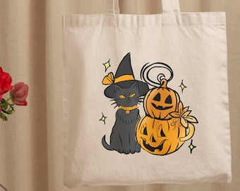 Witchy Halloween Tote Bag, Witchy Black Cat Candy Bag, Halloween Pumpkins Tote, Cat Lovers Halloween Gift Bag, Halloween Spooky Treat Bag