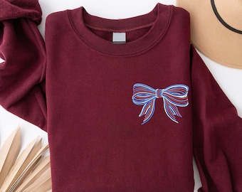 4th Of July Embroidered Bow Sweatshirt, Embroidery Red White Blue Bow Sweater, American Flag Bow Sweatshirt, Womens Independence Day Gift