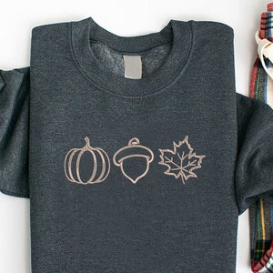 Embroidered Fall Sweatshirt,Embroidery Pumpkin Sweater,Fall Leaves Crewneck,Autumn Attire Sweater,Minimalist Acorn Sweatshirt,Cozy Fall Gift