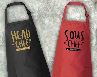 Head Chef Sous Chef Apron, Couple Matching Gift, Personalized Kitchen Apron, Custom Cooking Apron, Wedding Shower Gift, Housewarming Apron