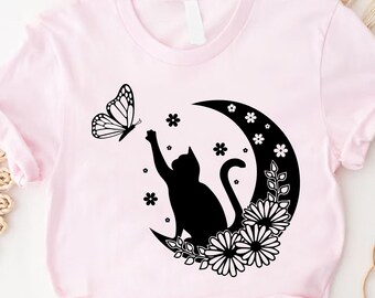 Celestial Cat Shirt,Mystical Cat Gift,Cat And Moon Shirt,Floral Cat Shirt,Cat And Butterfly Shirt,Flower Lover Cat Mom Gifts,Magical Cat Tee