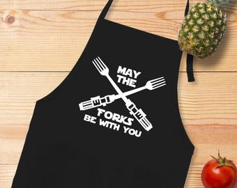 May The Forks Be With You Apron, Star Wars Apron, Funny Apron For Men,Father Day Gift,Nerd Kitchen Apron,Barbeque Cooking Apron,BBQ Dad Gift