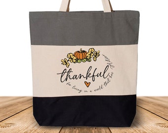 Autumn Tricolor Tote Bag, Fall Season Reusable Bag, Floral Pumpkin Shopping Bag, Fall Vibes Gift Bag, Thankful Gifts For Women, Fall Gifts