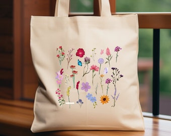 Vintage Wildflowers Tote Bag, Pressed Flowers Bag, Nature Lover Gift Bag, Flower Lover Mom Gift, Floral Shopping Bag, Wildflowers Book Bag