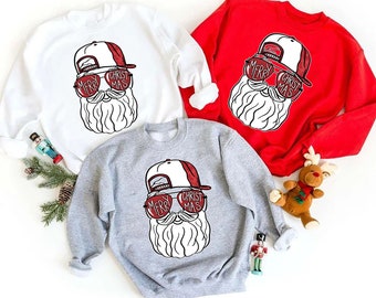 Merry Christmas Sweatshirt, Mens Christmas Sweatshirt, Santa With Glasses Sweatshirt, Cool Santa Head Sweatshirt, Christmas Party Sweatshirt