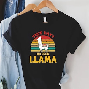 May include: Black t-shirt with a retro sunset graphic and a llama. The text reads "Test Day? No Prob Llama".
