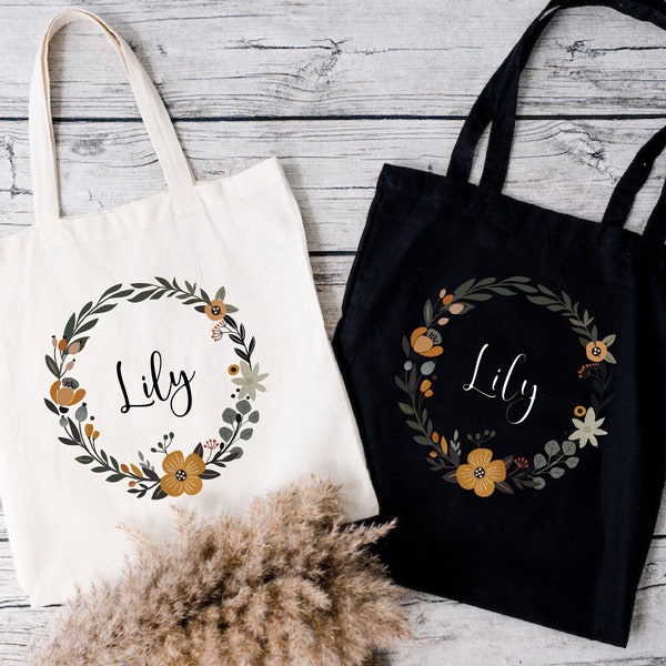 Flower Wreath Custom Name Tote Bag, Mom Tote Bag, Personalized Shopping Bag, Name Tote Bag, Christmas Gift Bag, Bridesmaid Floral Tote Bag