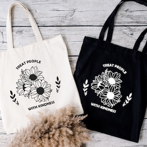 M    Teacher Tote, Treat People With Kindness Tote Bag, Inspirational Tote Bag, Be Kind Tote Bag, Floral Tote Bag, Nature Lover Tote Bag