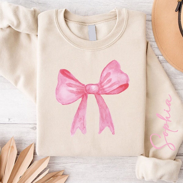 Custom Name Sweatshirt,Pink Bow Sweatshirt For Women,Gift For Girlfriend,Personalized Sweater,Valentines Day Gift,Bachelorette Sweatshirts,