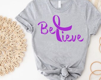 Believe T-shirt, Pancreatic Cancer Shirt, Purple Ribbon Tee, Pancreatic Cancer Supporter Shirt, Cancer Awareness Shirt, Cancer Team Shirts
