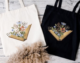 Floral Book Tote Bag, Book Lover Gift