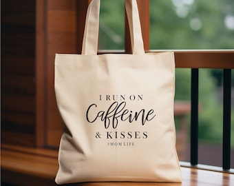 Mom Life Cotton Canvas Tote Bag, I Run On Caffeine And Kisses Bag, Coffee Lover Mom Tote, Christmas Mom Gift, New Mom Gift Ideas, Mama Quote