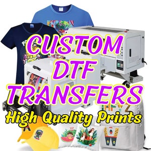 May include: Custom DTF transfers for apparel and accessories.  High quality prints on t-shirts, hats, pillows, and backpacks.