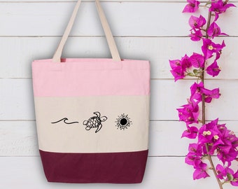 Ocean Turtle Sun Tote Bag, Sea Life Tri Color Tote Bag, Beach Shoulder Bag, Ocean Theme Gift Bag, Beach Vacation Tote,Sea Lover Gift For Her