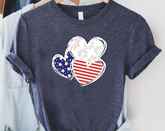 Patriotic Shirt, American Hearts Shirt, 3 Patriotic Hearts Shirt, 4th Of July Shirt, USA Flag Heart Shirt, Patriotic Hearts With Stripes Tee