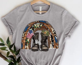 Patriotic Rainbow Tshirt, Veterans Day Shirt, American Pride Tee, Independence Day Gift, Military Womens Tshirt, Military Wife Gift