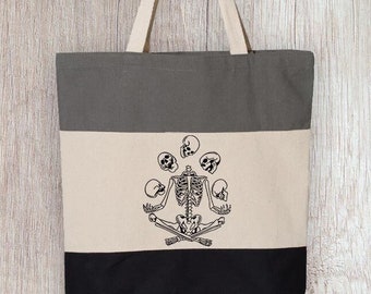 Skeleton Canvas Tote Bag, Halloween Skull Shoulder Bag With Pockets