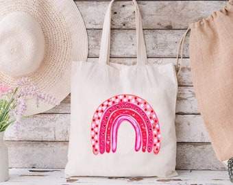 Hearts Rainbow Cotton Canvas Tote Bag, Love Theme