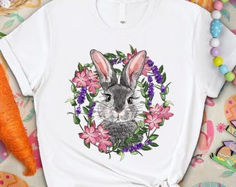 Flower Bunny T-shirt, Easter Bunny Shirt, Gift For Bunny Lover, Rabbit Shirt, Animal Lover Shirt,Bunny Mom Gift,Floral Rabbit Tee,Farmer Tee