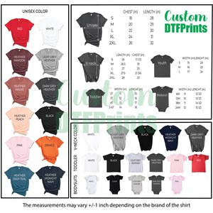 May include: Image showcasing a variety of t-shirts and bodysuits in different colors, including red, white, and black. The image includes size charts with measurements in inches for unisex, V-neck, toddler, and youth sizes. The text "Custom DTFPrints" is visible.