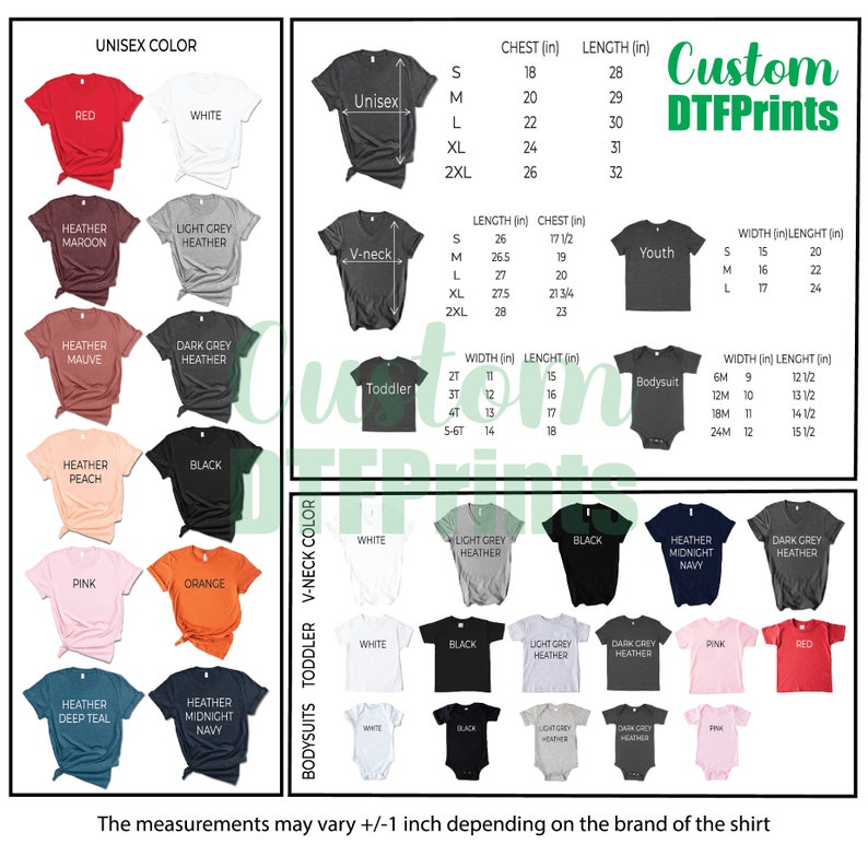 May include: Image showcasing a variety of t-shirts and bodysuits in different colors, including red, white, and black. The image includes size charts with measurements in inches for unisex, V-neck, toddler, and youth sizes. The text "Custom DTFPrints" is visible.