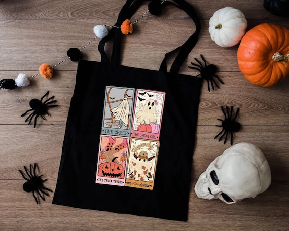 Ghost Tote Bag, Ghost Tarot Card Tote Bag, Pumpkin Tote Bag, Cute Halloween Tote Bag, Retro Halloween Tote Bag, Trendy Halloween Tote Bag