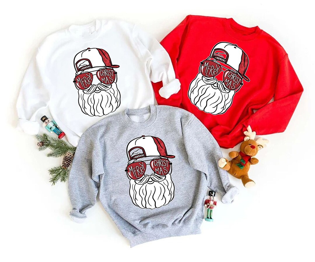 Merry Christmas Sweatshirt, Mens Christmas Sweatshirt, Santa With Glasses Sweatshirt, Cool Santa