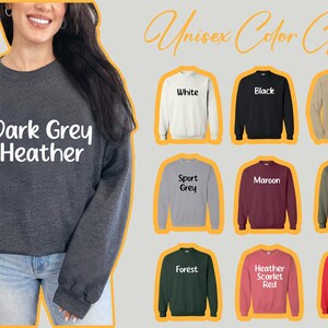 a woman wearing a dark grey sweatshirt with the words dark grey heather on it