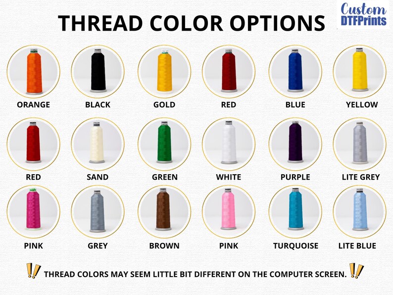 Puede incluir: Una tabla que muestra 18 colores de hilo diferentes para bordar. Los colores est&aacute;n dispuestos en tres filas de seis colores cada una. Los colores incluyen naranja, negro, dorado, rojo, azul, amarillo, arena, verde, blanco, morado, gris claro, rosa, gris, marr&oacute;n, turquesa y azul claro.