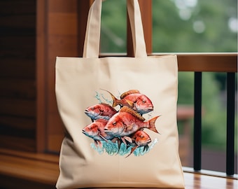 Koi Fish Tote Bag, Japanese Art, Reusable Canvas Bag