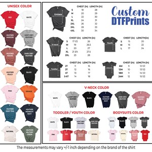 May include: A chart showing different t-shirt and bodysuit sizes and colors. The chart includes unisex, v-neck, toddler, youth, and bodysuit styles. The chart also includes a variety of colors, including red, white, black, heather grey, and heather peach. The chart is titled "Custom DTFPrints".