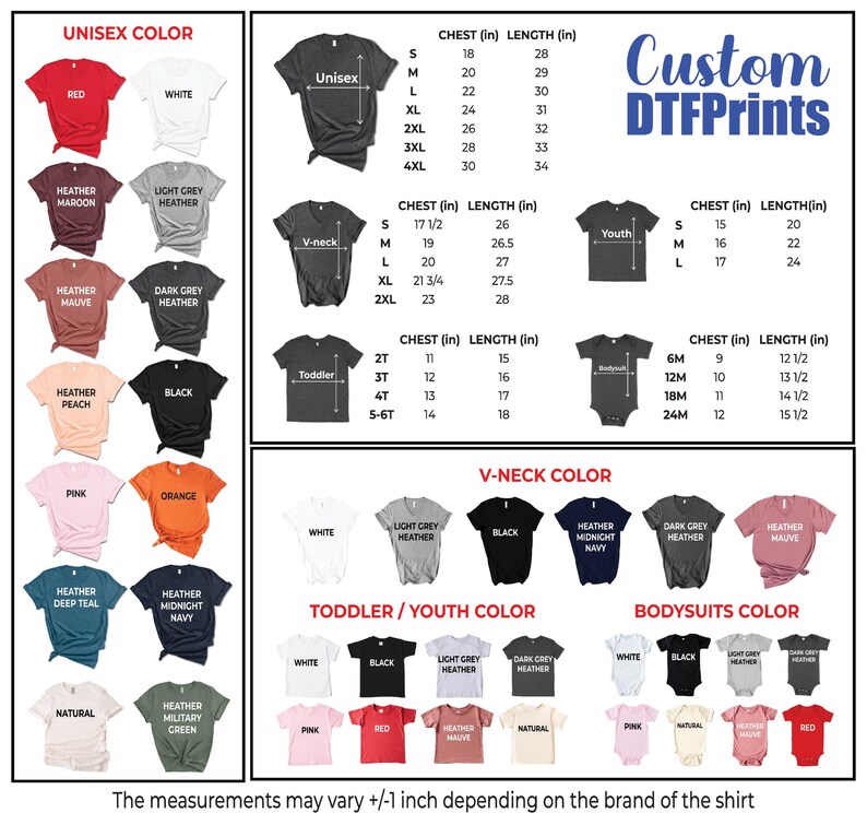 May include: A chart showing different t-shirt and bodysuit sizes and colors. The chart includes unisex, v-neck, toddler, youth, and bodysuit styles. The chart also includes a variety of colors, including red, white, black, heather grey, and heather peach. The chart is titled "Custom DTFPrints".