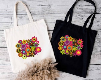 Retro Flower Tote Bag, Tote Bag Gift for Women, Retro Flower Bundle Tote, Shoulder Bag Floral,Reusable Grocery Tote Bag, Peace Tote Bag Gift