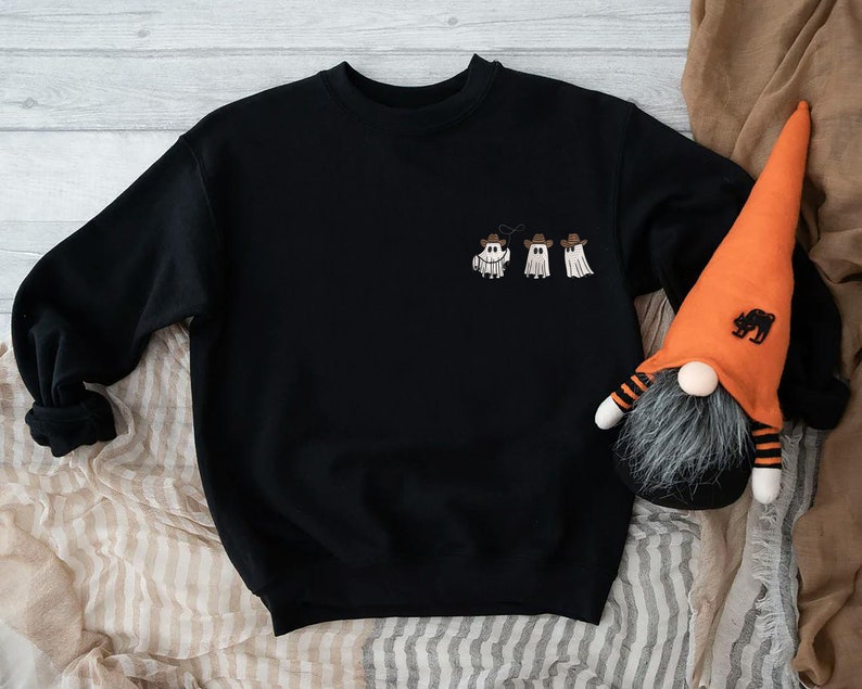 Embroidered Cowboy Ghosts Sweatshirt, Embroidery Halloween Sweater, Embroidered Western Spooky Ghost Sweater, Spooky Season Gift Sweatshirt zdjęcie 5