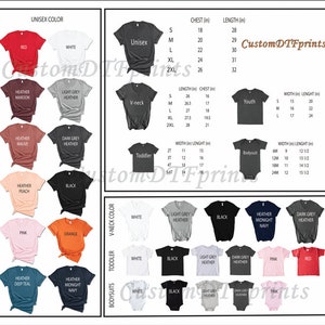 May include: A chart showing different colour options for unisex t-shirts, v-neck t-shirts, toddler t-shirts, youth t-shirts, and bodysuits. The chart includes size and measurement information in inches. The chart also includes the text "CustomDTFprints".
