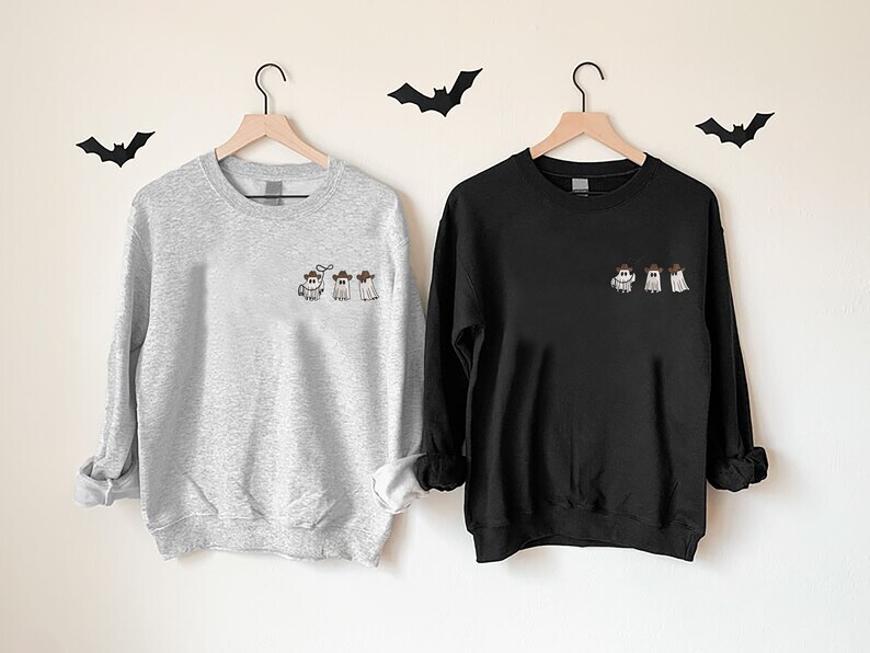Embroidered Cowboy Ghosts Sweatshirt, Embroidery Halloween Sweater, Embroidered Western Spooky Ghost Sweater, Spooky Season Gift Sweatshirt zdjęcie 4