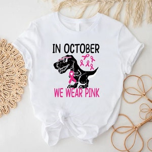 Kids Breast Cancer Awareness T-Shirt, In October We Wear Pink Dinosaur Shirt, Breast Cancer Kids Gift Shirt, Breast Cancer Support Shirt image 3