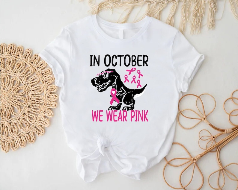 Kids Breast Cancer Awareness T-Shirt, In October We Wear Pink Dinosaur Shirt, Breast Cancer Kids Gift Shirt, Breast Cancer Support Shirt image 3