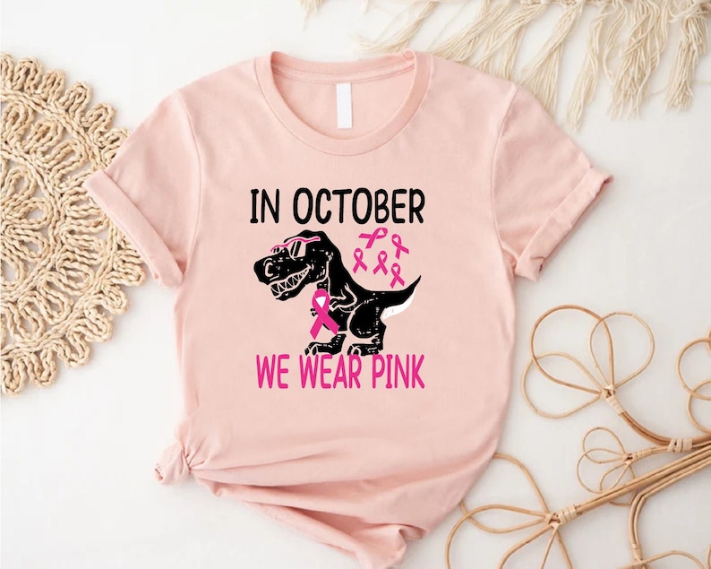 Kids Breast Cancer Awareness T-Shirt, In October We Wear Pink Dinosaur Shirt, Breast Cancer Kids Gift Shirt, Breast Cancer Support Shirt image 5